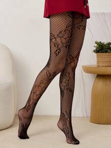 Medias de mujer sexis con diseño jacquard y calado, medias de rejilla con estampado floral de estilo retro