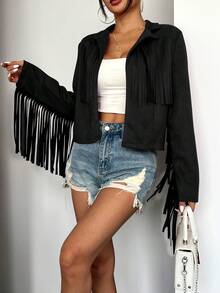 elfnokto Women Spring & Autumn Plain Color Fringed Long Sleeve Lapel Jacket - Black - View 4