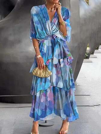 大码女士晚礼服系列，优雅花卉印花半袖，适合正式场合