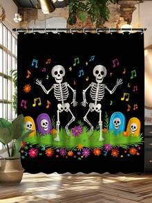 1 件万圣节跳舞骷髅和音符卡通数码印花防霉防水秋季浴帘，12 个塑料挂钩和金属索环，耐用坚固的浴室配件