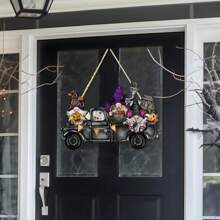 Halloween Tür-Dekoration Willkommens-Hängeschild, Frohe Halloween Veranda Schild Kranz Dekoration, Zwerg Lastwagen Holz Türschild für Haus Fenster Wand Dekoration