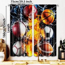 2pcs Classic Polyester Sport Themed Blackout Curtains Set, Dynamic Ice & Fire Design With Baseball, Football, Soccer & Basketball, Ideal For Boys Bedroom Window Treatment