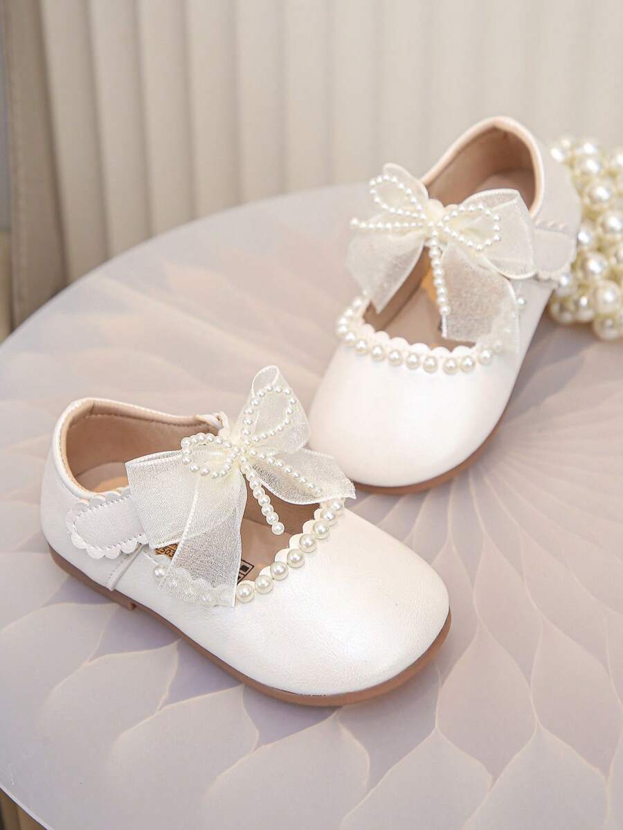 1 Pair Girls' Pearl Lace Bow Floral Design Casual Flat Shoes, Comfortable & Easy To Wear, Suitable For Dresses, Jeans, Home Wear, Stage Performance, Suitable For Spring, Summer, Autumn - Beige - View 1