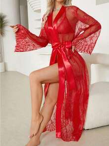 SOFUSEN Lace Nightwear Gown Lace Sexy Girls Long Dress Transparent Hot Lingerie Set Sexy Lace Nightgown See-Through Temptation Pajamas Women's Outerwear Home Clothes - 黑色紅色兩件套裝 - 查看 2