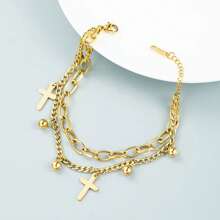 1pc Fashionable Stainless Steel Double Layer Cross Bracelet & Anklet