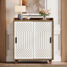 Tribesigns Modern Farmhouse Kitchen Sideboard Buffet Cabinet With Storage, Sliding Doors, Adjustable Shelves, Geometric Pattern Door Panel Design For Dining Room, Kitchen - 棕色和白色 - 查看 4