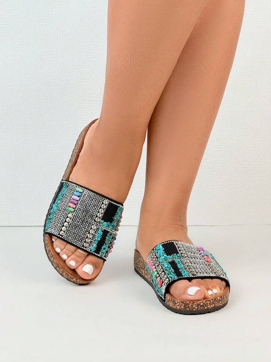 Thick Sole Slippers, Crystal & Rhinestone Embellished Boho Holiday Slip-On Sandals - Hitam - View 1