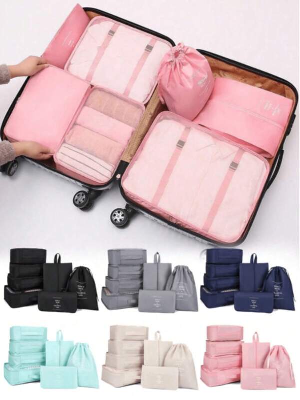 7 peças, 8 peças, 9 peças Conjunto Organizador de Viagem, Inclui Bolsa de Maquiagem, Organizador de Bagagem, Necessaire, Bolsa de Tela, Bolsa de Roupas, Bolsa para Produtos de Higiene, Bolsa para Pincéis de Maquiagem, Bolsa para Sapatos, Bolsa para Garrafas e Bolsa com Cordão, Adequado para Camisas, Roupas Íntimas, Roupas, Cosméticos, Batom, Sombra, Base, Esponja, Pincéis e Artigos de Higiene Pessoal como Escova de Dentes, Creme Dental, Sabonete Facial, Tônico, Loção, Creme, para Viagens, Hospital, Dormitório, Escola, Férias, Essenciais de Volta às Aulas, Vibes Boho