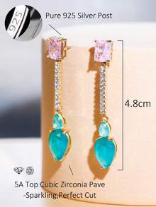 1 Pair Awesome Pink Light Blue Cubic Zirconia Bridal Wedding Long Dangle Drop Gold Plated Earrings With 925 Silver Post CZ Women Party Jewelry Accessories - Blue - View 5
