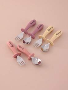 2PCS Personalized Customization Name Children Tableware Set Silicone Spoon Fork Handle Set With Stainless Steel Tips Training Cutlery Print On Demand Children Feeding Tools,Christmas Gift Supplies