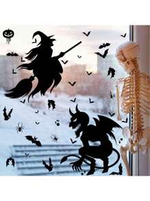 65pcs/Set Halloween Stickers With Witch, Pumpkin, Ghost, Grim Reaper Scythe Elements, Zombie Party Haunted House Decor Window Stickers, Black Decorative Stickers For Wall, Desk, Door, Fireplace, Halloween Decoration