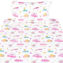 Pink Cloud Heart Rainbow Balloon Moon Star Cute Fun 100% Cotton Cozy Twin Bed Sheet Set, Flat Sheet & Fitted Sheet & Pillowcase Natural Bedding Set - 彩色 - 查看 5