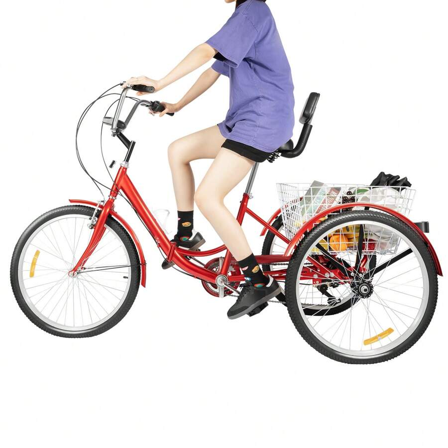 24 Zoll Erwachsene Dreiräder Fahrrad, 7 Geschwindigkeit Falten Erwachsene Trikes, Dreiräder, Kohlenstoffstahl Cruiser Fahrrad mit Korb und verstellbarem Sitz, Picknick Einkaufs Dreiräder für Senioren, Frauen, Männer