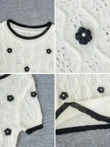 Contrast Color Korean Elegant Knit Top, Sweet 3D Floral Splice Short Sleeve T-Shirt For Women, Summer