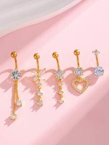 5 件套锆石装饰蝴蝶、心形、花形肚脐环，女士身体首饰适合日常佩戴、派对、节日礼物