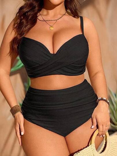 Swim Chiccia 2 件套加大码女式纯色前交叉可调节肩带泳装度假装，适合夏季海滩