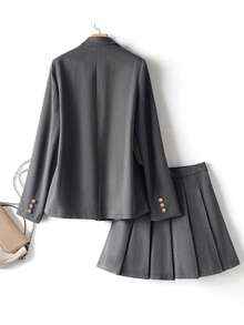 女式高品质 TR 斜纹布学院风双排扣长袖西装外套和百褶迷你裙套装 - 灰色 - 查看 2