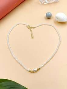 1pc Minimalist Classic Creative Rice Beaded Baroque Pearl Necklace, Suitable For Women Evening Party And Daily Matching - White - View 3