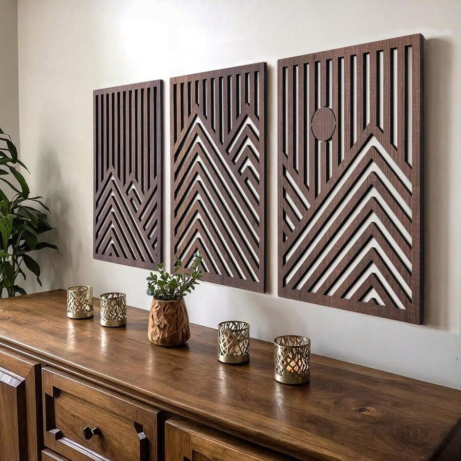 3 件套复古浮雕墙饰套装，适用于客厅和卧室，艺术装置，融合日式和北欧风格的墙饰套装，山和太阳木板艺术品。