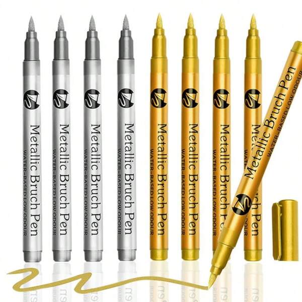 12 piezas Marcadores de color metálico, punta suave y dura, bolígrafos marcadores permanentes resistentes al agua y de secado rápido, bolígrafos para pintar neumáticos, bolígrafos para grafiti, juego de pinceles para pintura artística, útiles escolares, de vuelta a la escuela