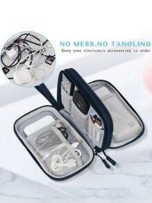 1 حقيبة تخزين صلبة ذات طبقتين من مادة EVA بتصميم بسيط، يمكن تخزين سماعات الأذن والكابلات والشواحن وبنوك الطاقة، صندوق تخزين مستطيل، ضروري للرجال والنساء أثناء السفر، حقيبة منظم لإكسسوارات الإلكترونيات