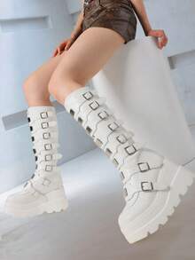 Gothic Knee High Boots For Women Round Toe Wedge Heel Zipper Y2K Punk Platform Booties Party Shoes Nightclub Riding Casual Summer Womens Combat Boot - 白色 - 查看 6
