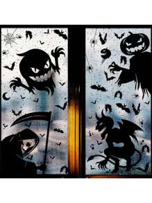 65pcs/Set Halloween Stickers With Witch, Pumpkin, Ghost, Grim Reaper Scythe Elements, Zombie Party Haunted House Decor Window Stickers, Black Decorative Stickers For Wall, Desk, Door, Fireplace, Halloween Decoration