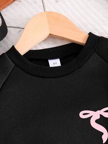 女童蝴蝶结图案印花保暖圆领运动衫和长裤套装 - 黑色 - 查看 2