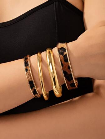 4 pièces Set de bracelets élégants et à imprimé léopard pour femmes, excellent cadeau d'usage quotidien pour les amis