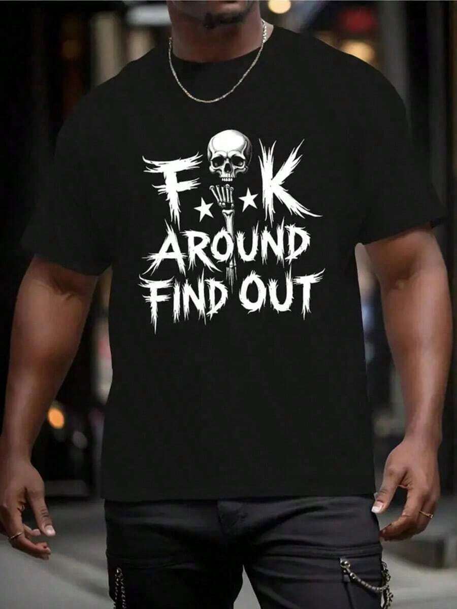 Men's "FK Around And Find Out" Graphic T-Shirt - 180g Heavyweight Cotton Casual Tee With Skull & Stars Print, Round Neck Short Sleeve For Summer, Sports, Travel & Casual Attire, Leisure Clothing | Bold Print Top | Durable Fabric Shirt,Summer Men Vacation Outfits,Camisetas Para Hombre,Father's Day,Graphic Tees,Graphic Tees,Funny T Shirts - màu đen - Xem 1