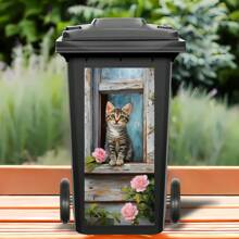 1 Stück Tabby Kätzchen & Rosa Rose Outdoor Mülleimer Aufkleber, herzerwärmende Tier Dekor Aufkleber, wasserfest Abfalleimer Kunst für Garten & Terrasse, UV-beständige Heim- und Gartendekoration, strapazierfähiger selbstklebender Vinyl-Aufkleber, ästhetischer Mülltonnen-Aufkleber, für Schulmaterial, Schulanfang