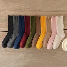 10 Pairs All Season Basic Solid Color Women Cotton Socks Girl Colorful In Tube Sock Free Size US5-9 - 米色 - 查看 5