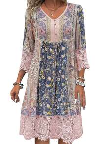 Womens V Neck 3/4 Sleeve Summer Dress Half Button-Up V Neck Lace Trim Vintage Flower Print Hollow Out Mini Dress - 粉色 - 查看 1