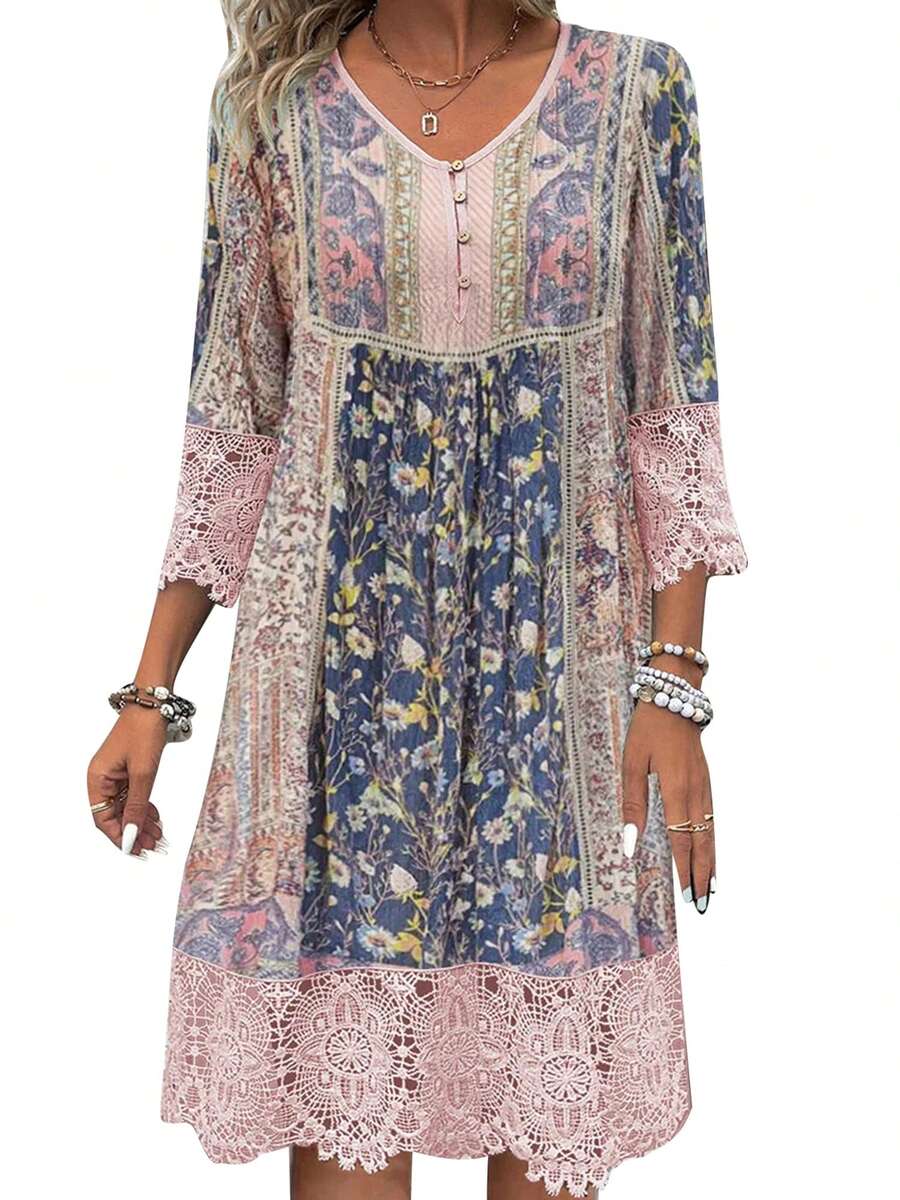 Womens V Neck 3/4 Sleeve Summer Dress Half Button-Up V Neck Lace Trim Vintage Flower Print Hollow Out Mini Dress - 粉色 - 查看 1