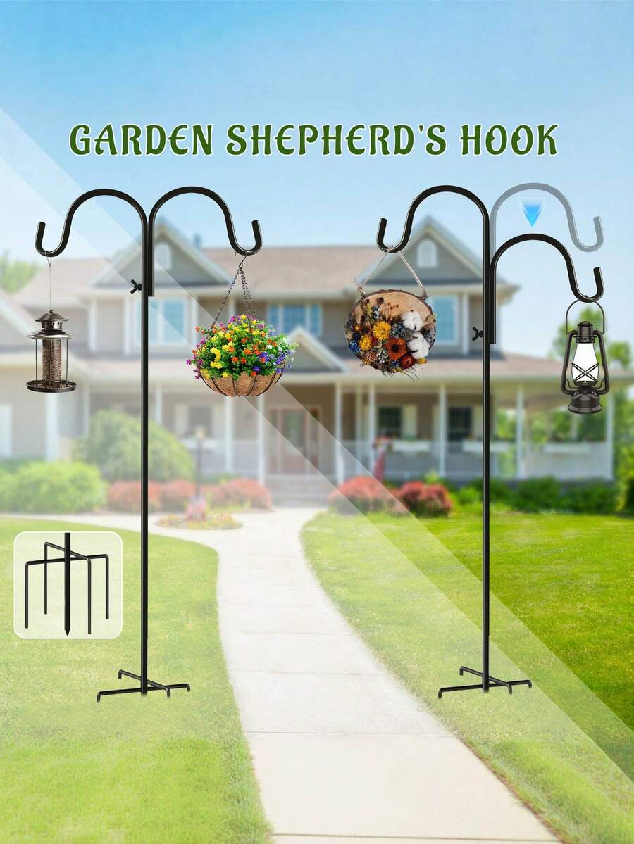 1pc/2pcs Heavy Duty Double Shepherd Hooks For Outdoor -63-Inch Adjustable Bird Feeder Pole With 5-Prong Base, Perfect For Hanging Plants, Hummingbird Feeders, Garden, Solar Lights & Wedding Decor - 黑色 - 查看 1