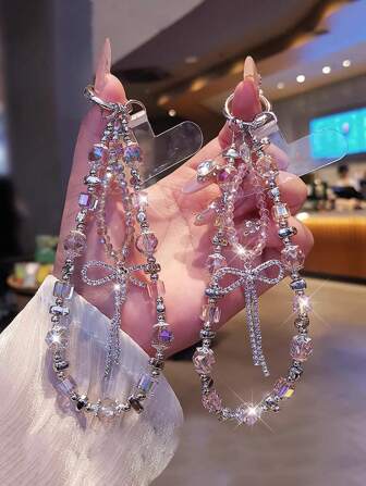 Cordón para teléfono con decoración de mariposa para mujeres, cadena de muñeca con colgante de cristal delicado, adorno de cuentas para exteriores, viajes y compras, correa anti-pérdida para teléfono, soporte de lujo para estuche de teléfono