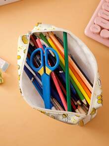 1pc Cute Bee Pattern Printed Corduroy Pencil Case, Stationery Storage Bag, Double-Sided Print Pen Bag, Portable Multifunctional Office Supplies Pencil Pouch, Gift For Students, Friends, Festivals, Pencil Pouch, School Bag,School Supplies,Back To School - Multicolor - View 10