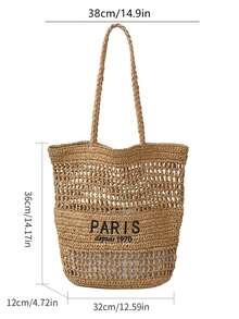 New Embroidery Letter Hollow Straw Handbag, Women Large Capacity Handmade Woven Shoulder Bag, Water Bucket Basket Tote Bag - Khaki - View 12