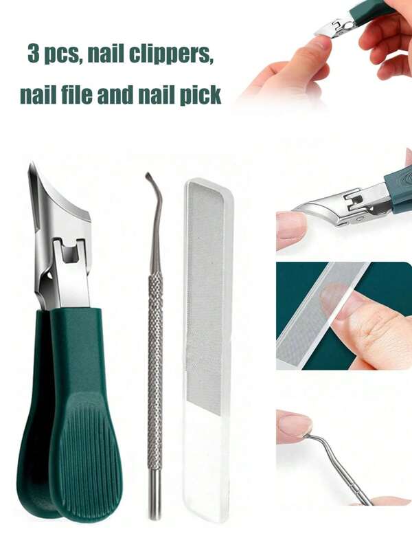3 Pieces, One Wide-Mouth Anti-Splash Oblique Nail Clipper, With One Glass Nano File, With One Stainless Steel Nail Razor, Upgraded Oblique Nail Clippers, Curved Toenail Clippers Suitable For Thick Toenails, No Splash Nails, Oblique Nail Clippers With Large Opening, Thick And Hard Nails Nail Groove Nippers Household Tools