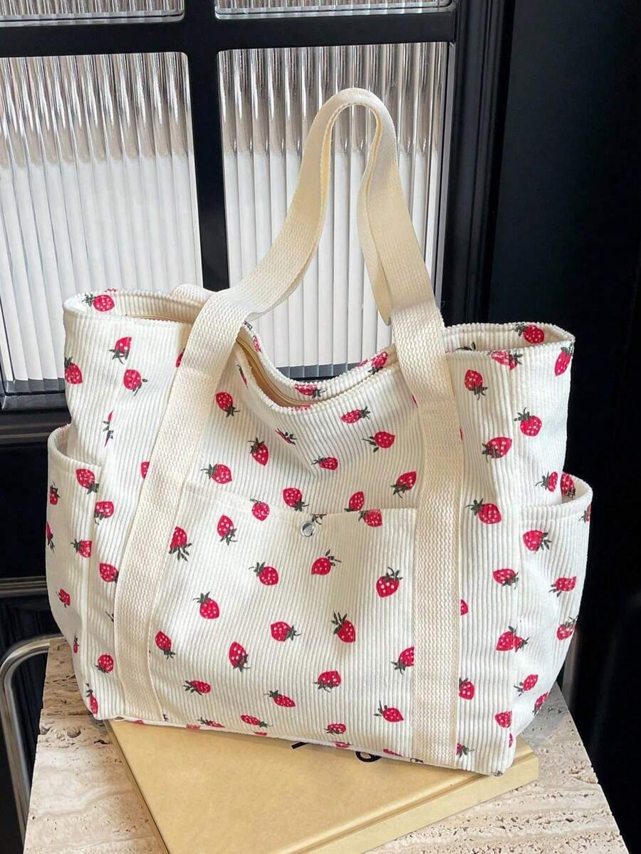 Bolso de hombro con estampado de fresa sencillo para mujeres, bolso de tela tipo tote de gran capacidad para viajes, vacaciones y uso al aire libre, bolso casual y versátil con múltiples bolsillos y asa superior de pana, bolso ligero y portátil para compras diarias y uso diario.