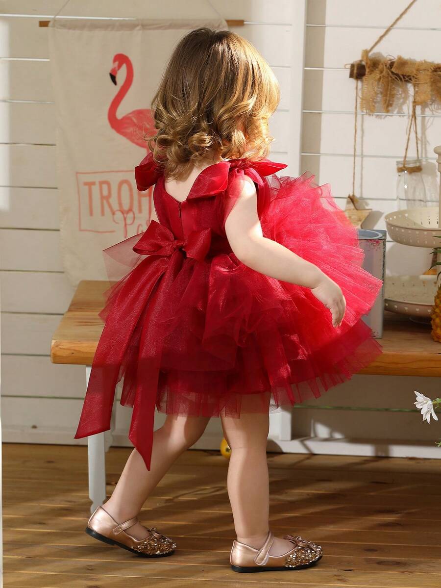 女婴酒红色圣诞3D蝴蝶结薄纱无袖公主蛋糕裙，优雅派对礼服，适合生日、婚礼、正式场合，四季皆宜 - 酒紅色 - 查看 1