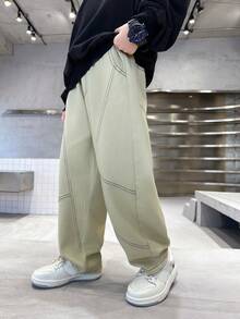 Pantaloni di cotone a gamba dritta per ragazzi con ricamo sulla tasca posteriore, adatti per uso quotidiano, scuola, all'aperto, casual, autunnali