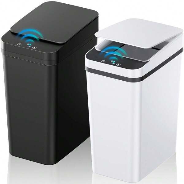 1 Pc (9L/2.4 Gallon) Smart Sensor Narrow Trash Can, Bathroom Kitchen Slim Gap Garbage Bin With Lid, Waterproof Odorless Plastic Waste Storage Box, 2 AA Batteries Powered (Not Included), Sensor Open Lid, Suitable For Kitchen, Office, Living Room, Bathroom, Bedroom