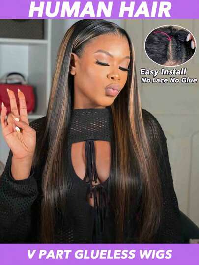Highlighted (Black To Honey Blonde) V Part Wig Human Hair 150% 200% Density Straight V Part Wigs, No Glue & Gel Needed Rose Net Cap For All Ethnicities Stylish Hairpiece Natural Look Hairpiece 8-30 Inch SNatural/30/33