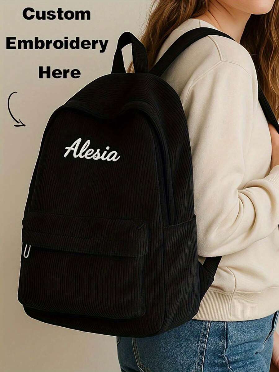 1 件定制姓名印花灯芯绒背包 - 大号轻便耐用涤纶背包，拉链开合，时尚纯黑色，适合户外、旅行、工作和日常使用