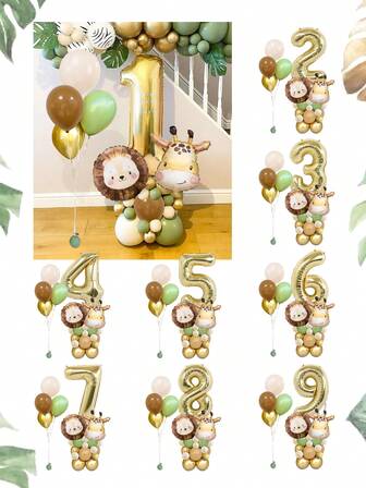 25pcs/Set Jungle Wild Animal Birthday Party Decorations, Adorable Wild Animal Birthday Balloon Set Includes Lion, Giraffe Animal Head Foil Balloons, Vintage Green Brown Latex Balloons, 40inch Light Gold Number Balloons, Suitable For Birthday Party Decor, First Birthday, Christening, Jungle Party, Ceremony, Baby Shower, Carnival Birthday, Wild Forest Animal Zoo Theme Party Supplies, Home Decor Balloons, For 1-9 Years Old Birthday