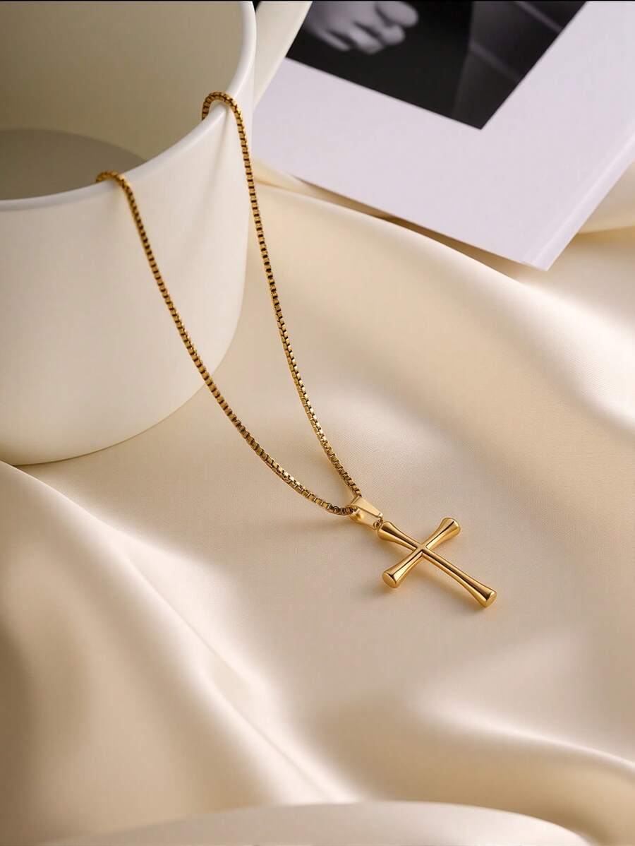 Luxuriöser minimalistischer Edelstahl Kreuz-Anhänger Halskette - verstellbare Kastenkette, hochglanzgoldfarben beschichtet, Unisex Lässig Kleidung und Weihnachtsgeschenk Schmuck, elegantes Accessoire, hochwertige Verarbeitung