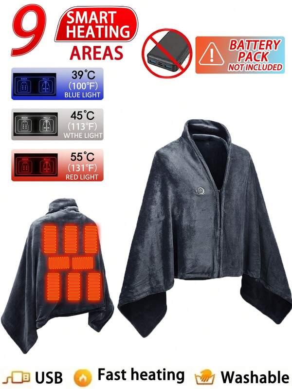 Women's Casual Solid Color Fleece Shawl Blanket With 9-Zone Heating, Warm Winter Outerwear