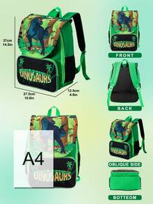 GUSTELL 1pc Unisex Cartoon Dinosaur Print Backpack, Suitable For Kindergarten And Elementary School, 37cm, Flip-Top Design With Padded Back And Adjustable Shoulder Straps, Lightweight Children Travel Bag, Green, Travel/School/Picnic (Jurassic Elements) - Bag - View 2
