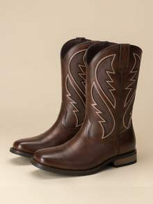 Men's Cowboy Boots Leather Western Style Rugged Comfortable Durable - Coffee Brown - View 3